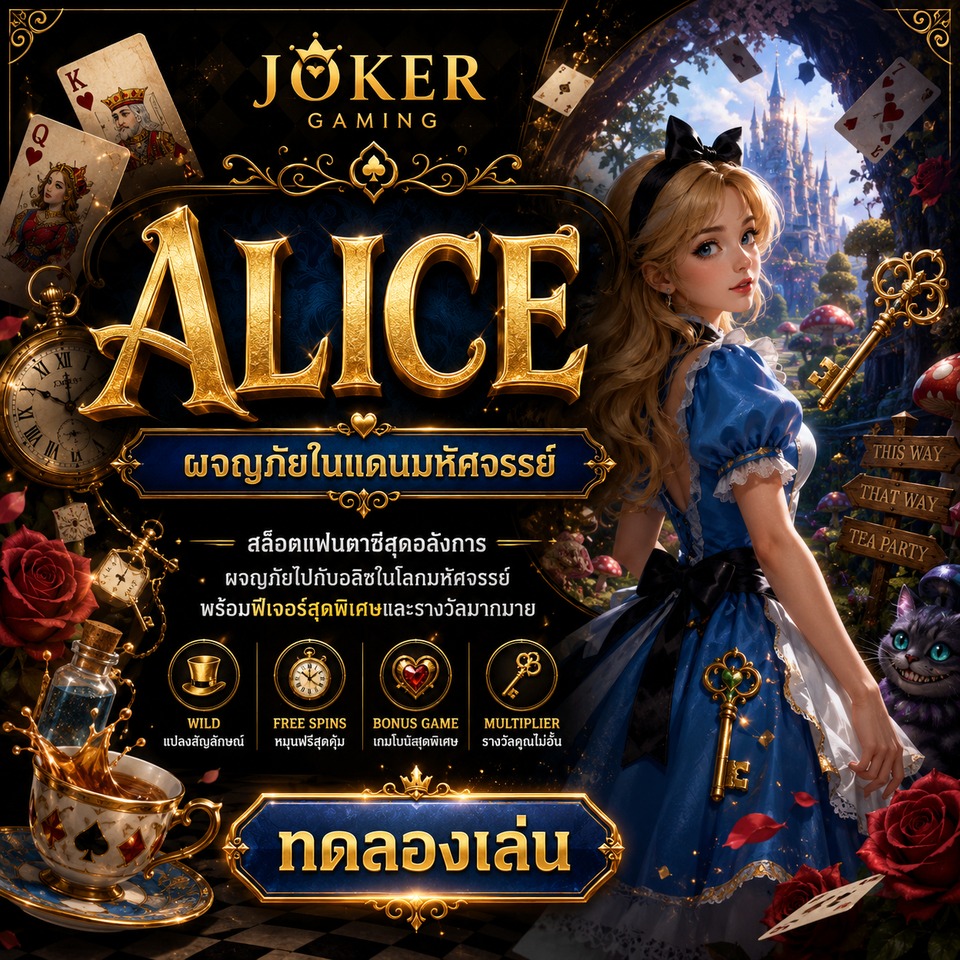 ภาพเกมสล็อต Alice ธีมแดนมหัศจรรย์ กุญแจ นาฬิกา ไพ่ ถ้วยชา ดอกกุหลาบ และปราสาทแฟนตาซี