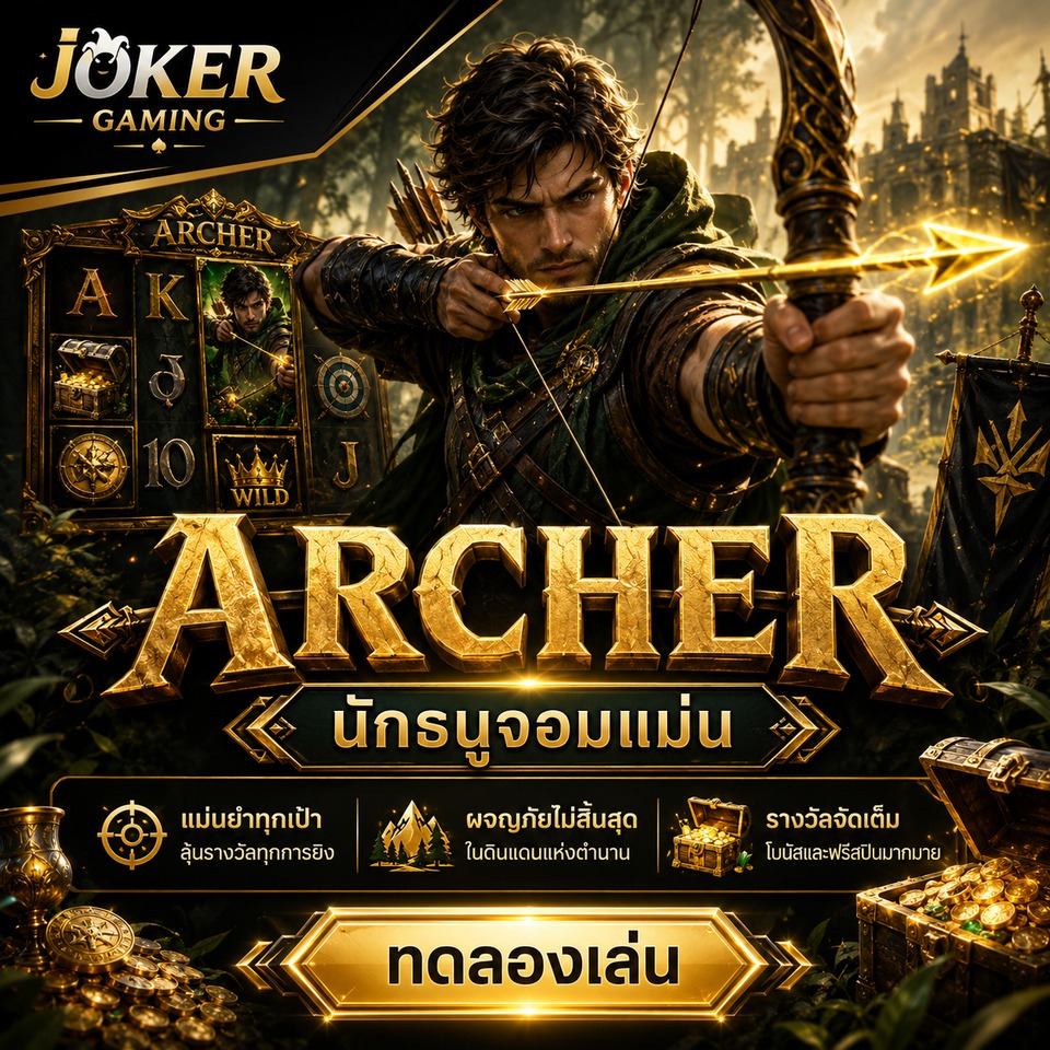 ภาพเกมสล็อต Archer ธีมนักธนูจอมแม่น คันธนู ลูกศร เป้าหมาย ป่าโบราณ ปราสาท และหีบสมบัติ