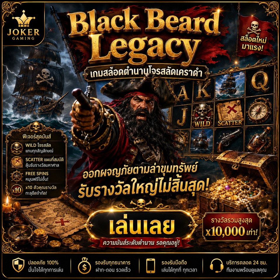 ภาพเกมสล็อต Black Beard Legacy ธีมโจรสลัดเคราดำ เรือกลางพายุ กัปตัน แผนที่ ปืนใหญ่ หีบสมบัติ และธงกะโหลก