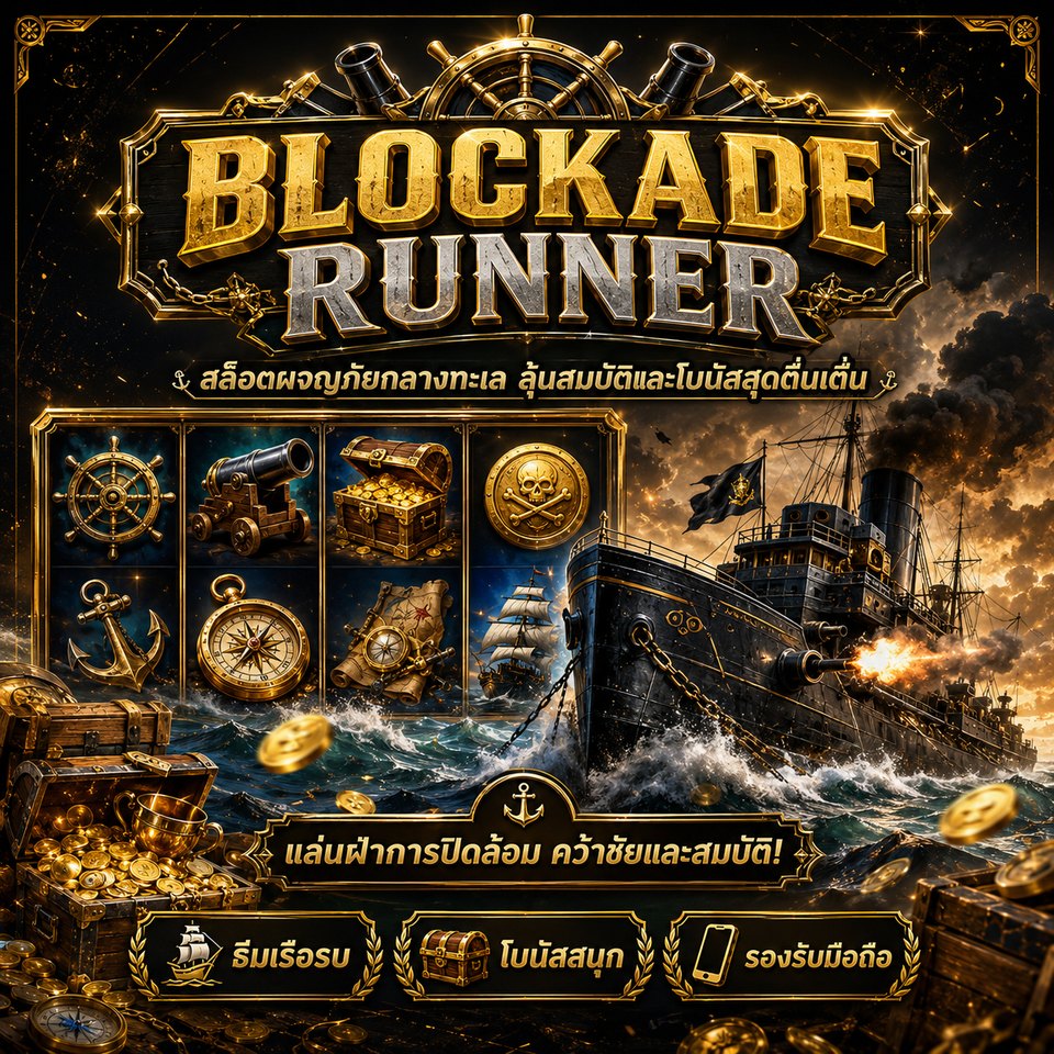 ภาพเกมสล็อต Blockade Runner ธีมเรือรบกลางทะเล สมบัติ ปืนใหญ่ และสัญลักษณ์สล็อตแนวผจญภัย