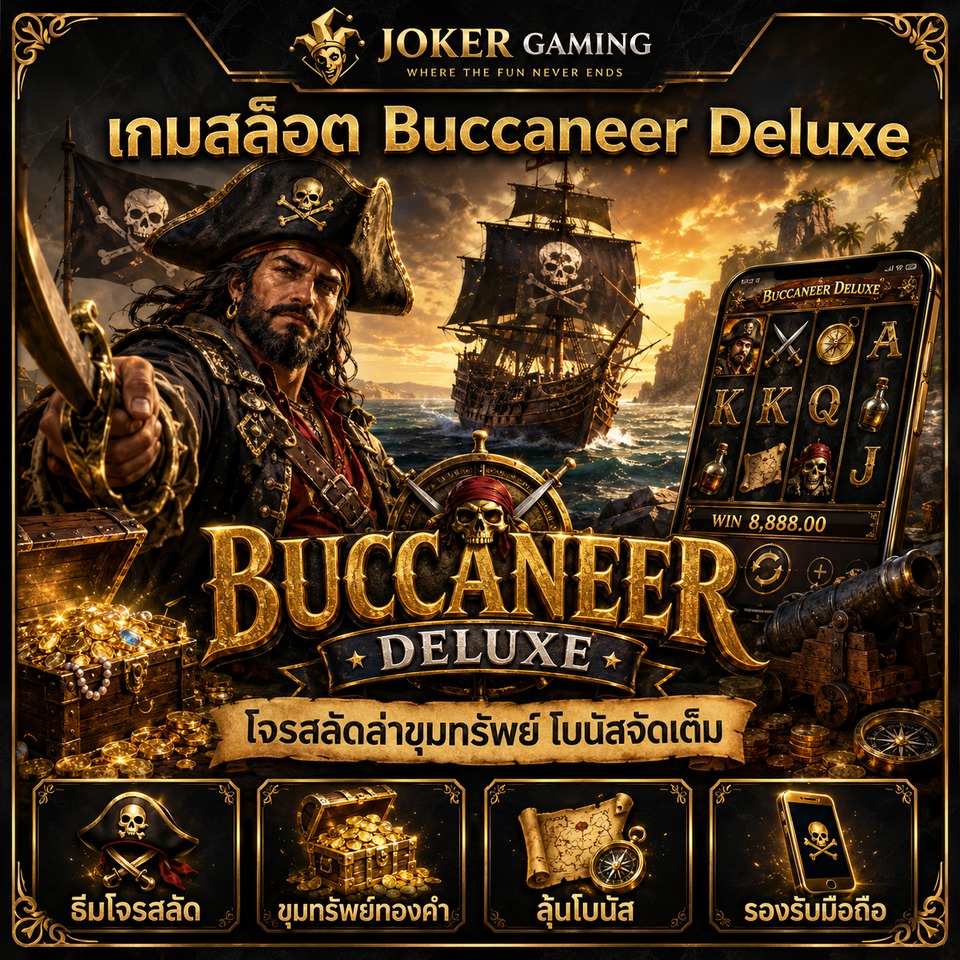 ภาพเกมสล็อต Buccaneer Deluxe ธีมโจรสลัด เรือใบ กัปตัน ดาบ แผนที่ หีบสมบัติ และรีลสล็อตพรีเมียม