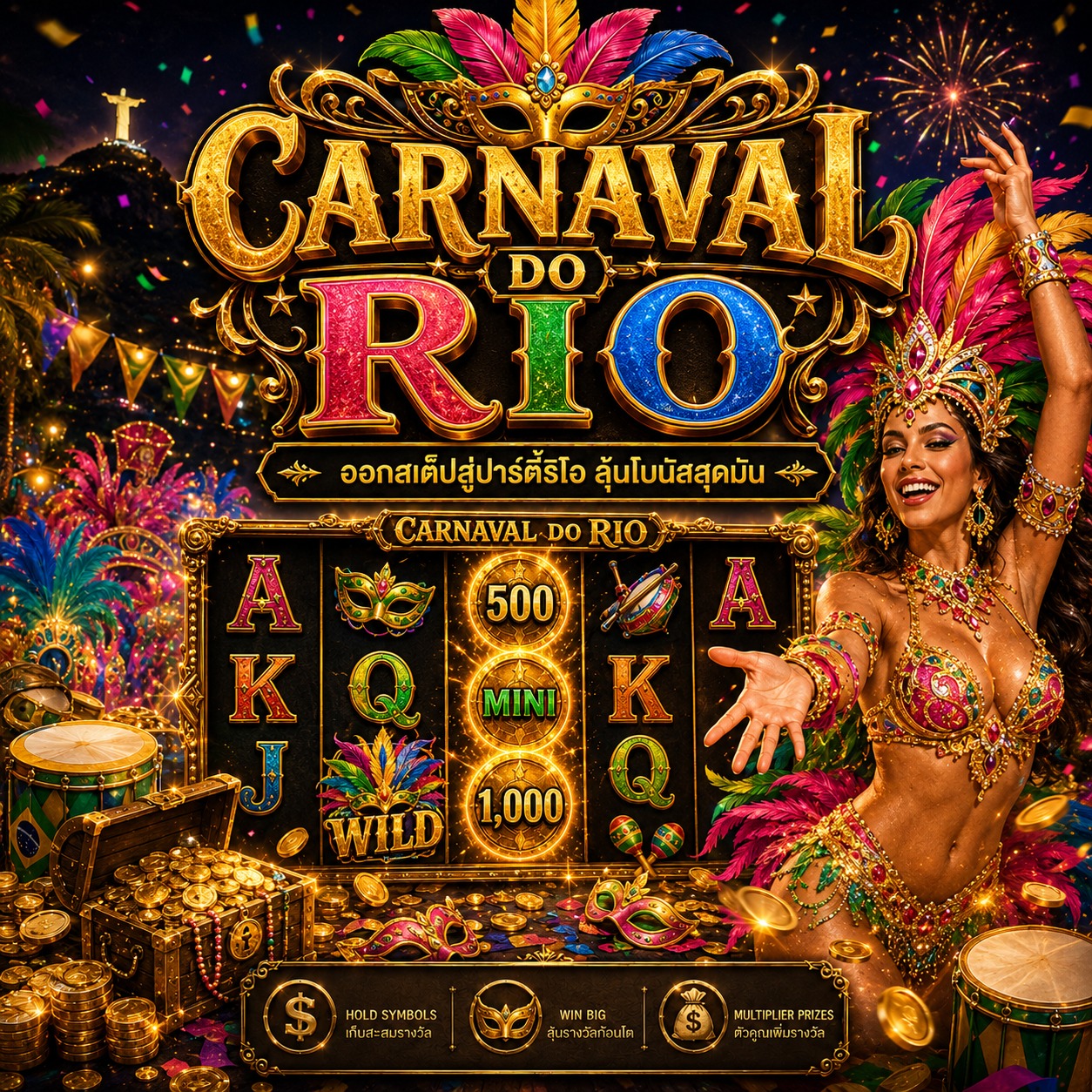 ภาพเกมสล็อต Carnaval Do Rio ธีมคาร์นิวัลริโอ หน้ากาก ขนนก แสงไฟ และสัญลักษณ์สล็อตสีสันสดใส