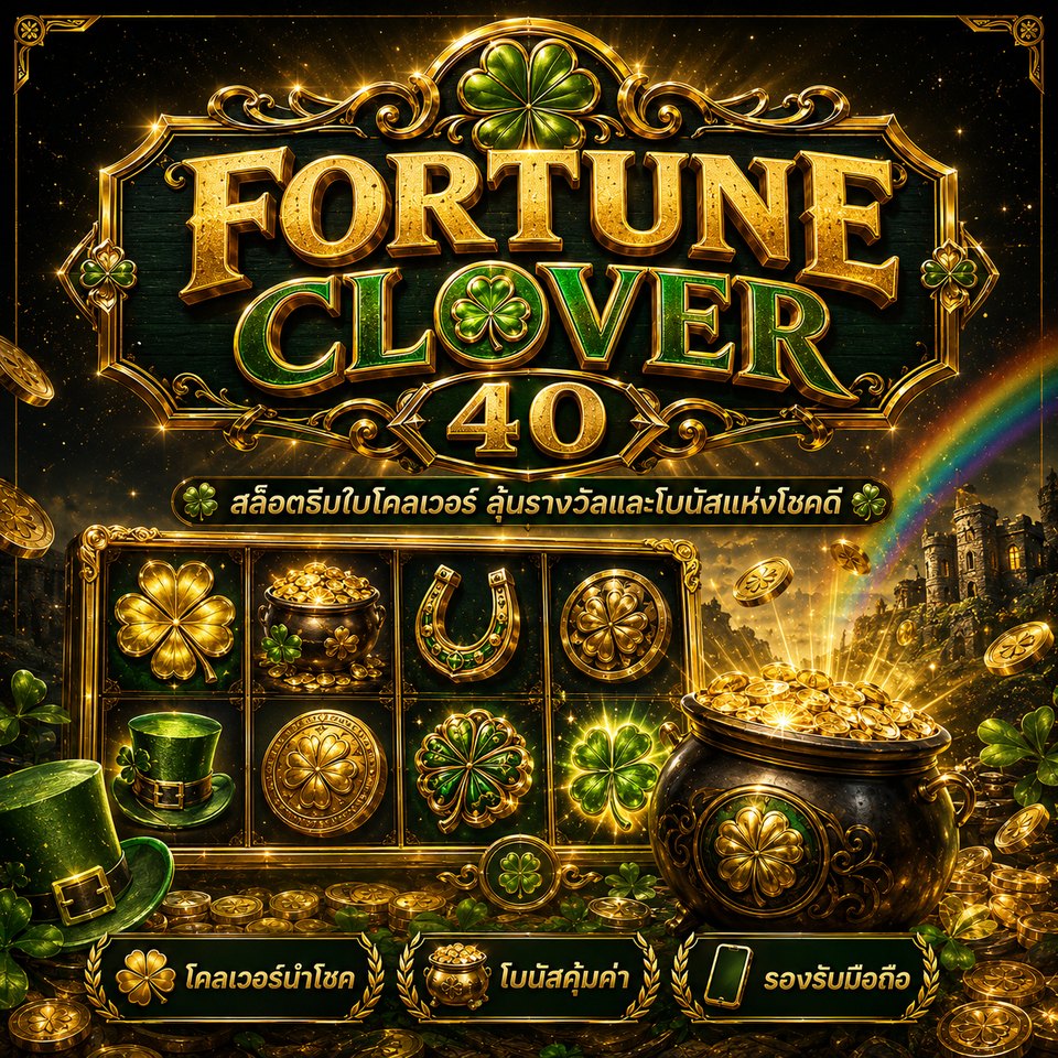 ภาพเกมสล็อต Fortune Clover 40 ธีมใบโคลเวอร์ หม้อทองคำ เกือกม้านำโชค และสัญลักษณ์สล็อตสีเขียวทอง