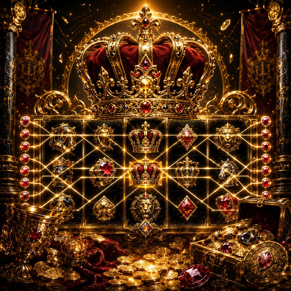 ภาพเกมสล็อต Fortune Crown 25 ธีมมงกุฎทอง อัญมณี เหรียญทอง และสัญลักษณ์สล็อตแนวราชวงศ์