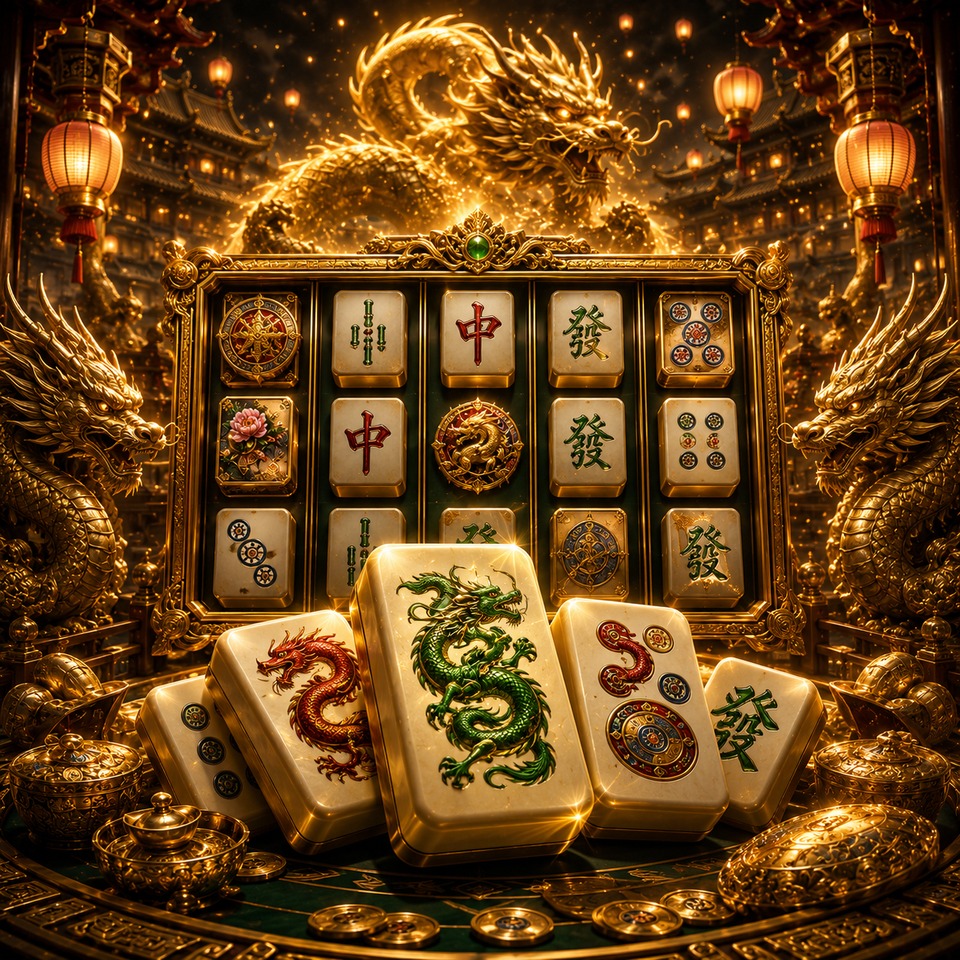 ภาพเกมสล็อต Mahjong King ธีมไพ่นกกระจอก วังจีน มังกรทอง โคมไฟ และสัญลักษณ์สล็อตสไตล์จักรพรรดิ