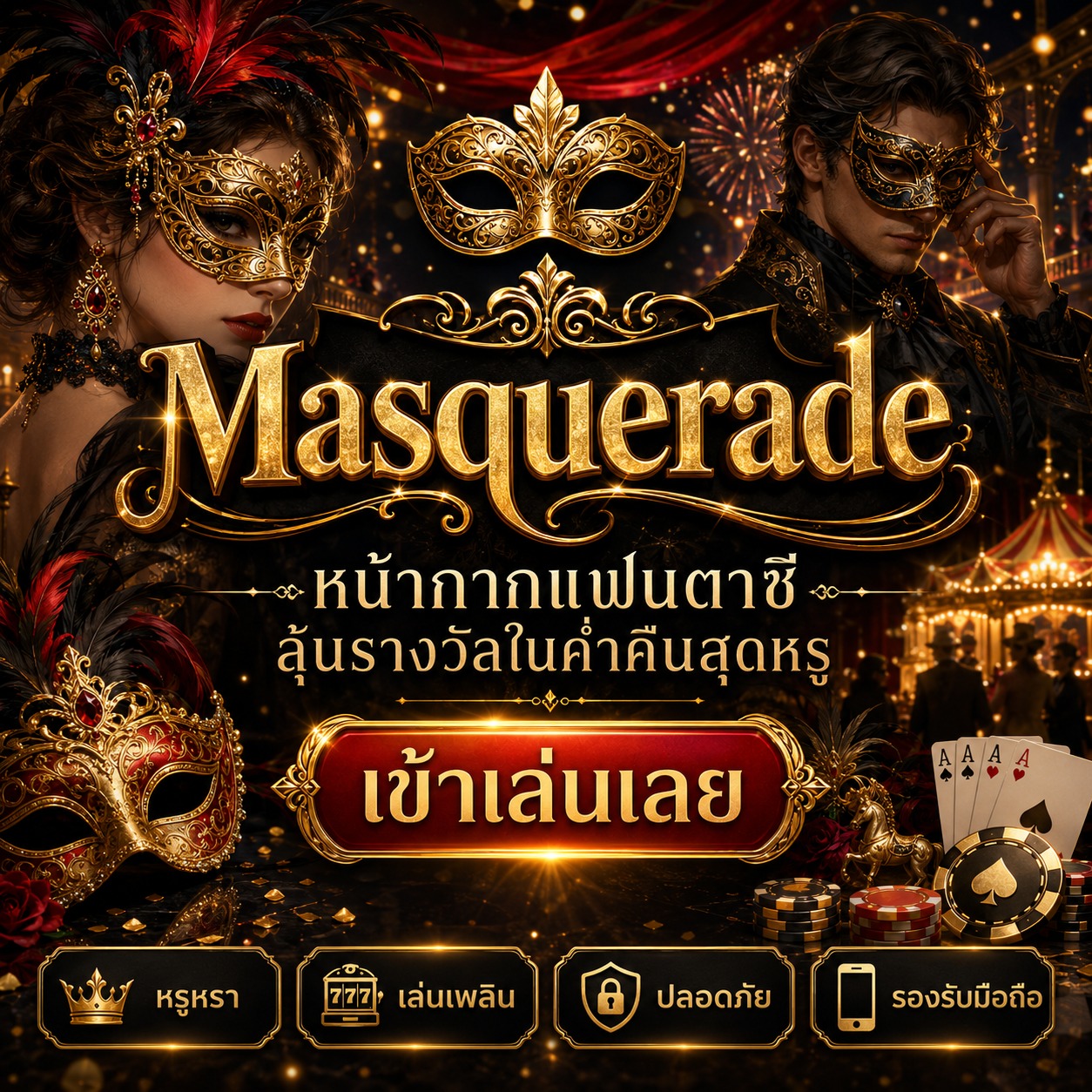 ภาพเกมสล็อต Masquerade ธีมหน้ากากแฟนตาซี งานราตรีสุดหรู ไพ่ ชิปคาสิโน และแสงสีทอง