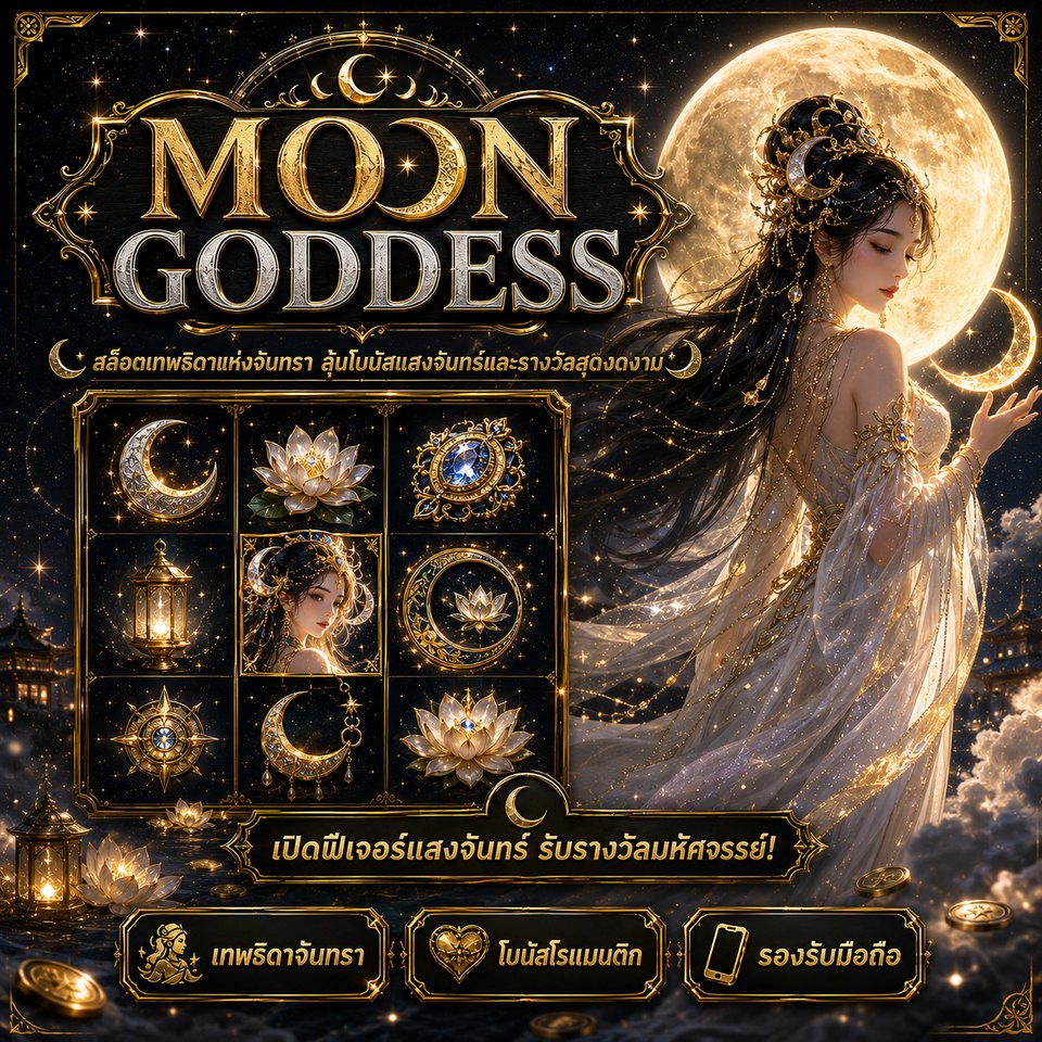 ภาพเกมสล็อต Moon Goddess ธีมเทพธิดาจันทรา พระจันทร์เต็มดวง ดอกบัว อัญมณี และสัญลักษณ์สล็อตแฟนตาซี