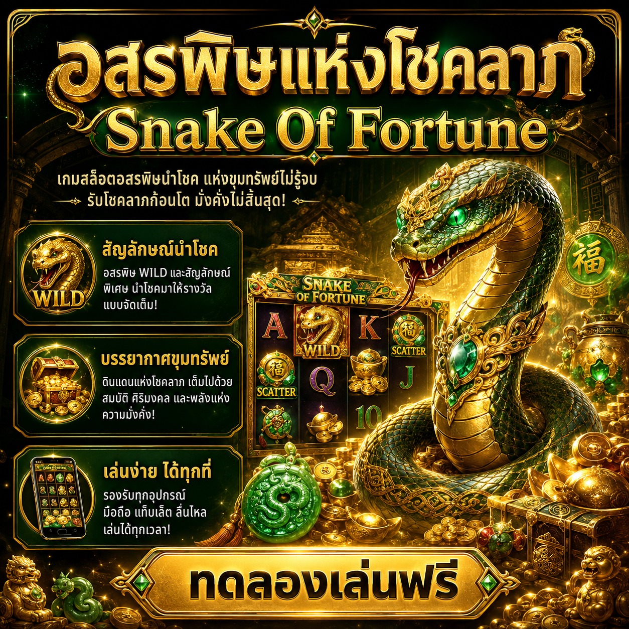 ภาพเกมสล็อต Snake Of Fortune ธีมงูทอง อัญมณีสีเขียว และสัญลักษณ์โชคลาภโทนทองดำ