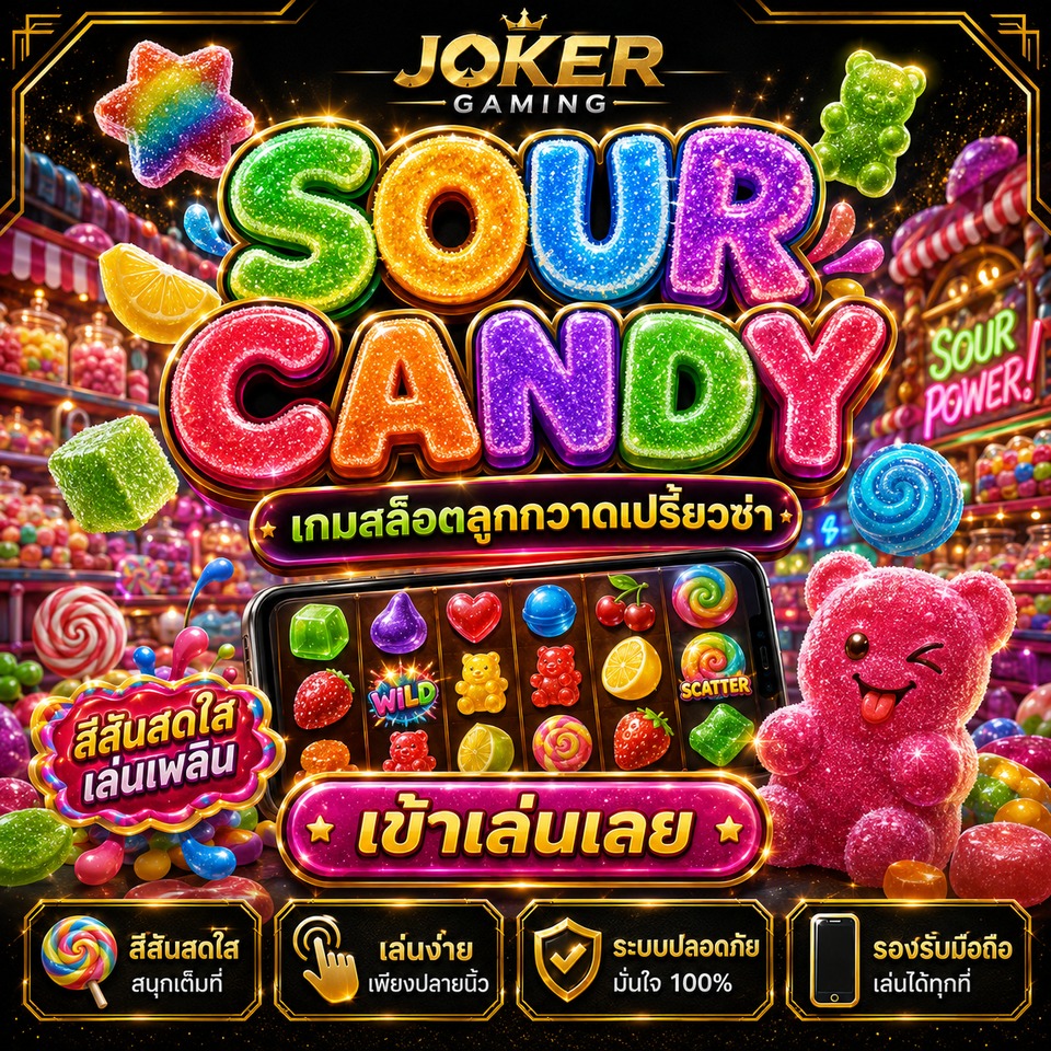 ภาพเกมสล็อต Sour Candy ธีมลูกกวาดเปรี้ยวซ่า กัมมี่สีสด เยลลี่ ร้านขนม และรีลสล็อตสีสันสดใส