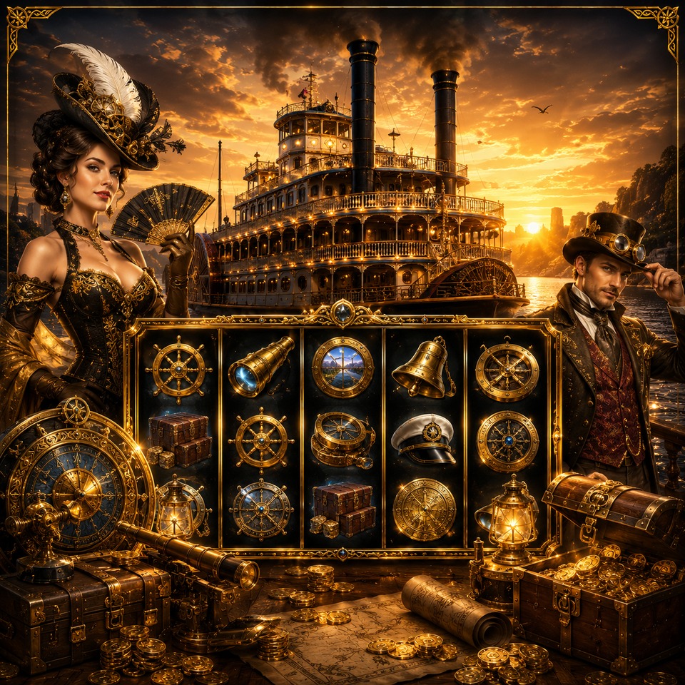 ภาพเกมสล็อต Steamboat Ride Hold And Win ธีมเรือกลไฟ ล่องแม่น้ำ สมบัติสตีมพังก์ และสัญลักษณ์สล็อตวินเทจ
