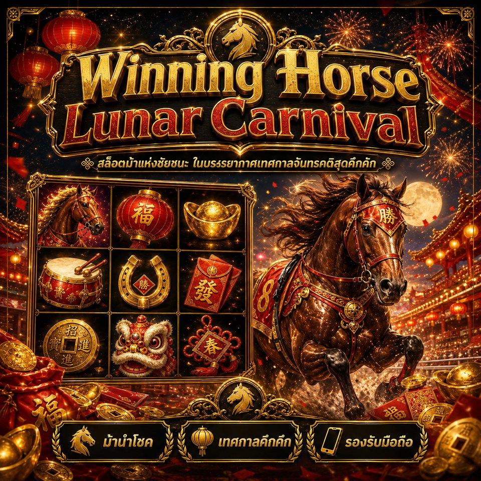 ภาพเกมสล็อต Winning Horse Lunar Carnival ธีมม้านำโชค เทศกาลจันทรคติ โคมแดง ดอกไม้ไฟ และสัญลักษณ์สล็อตมงคล
