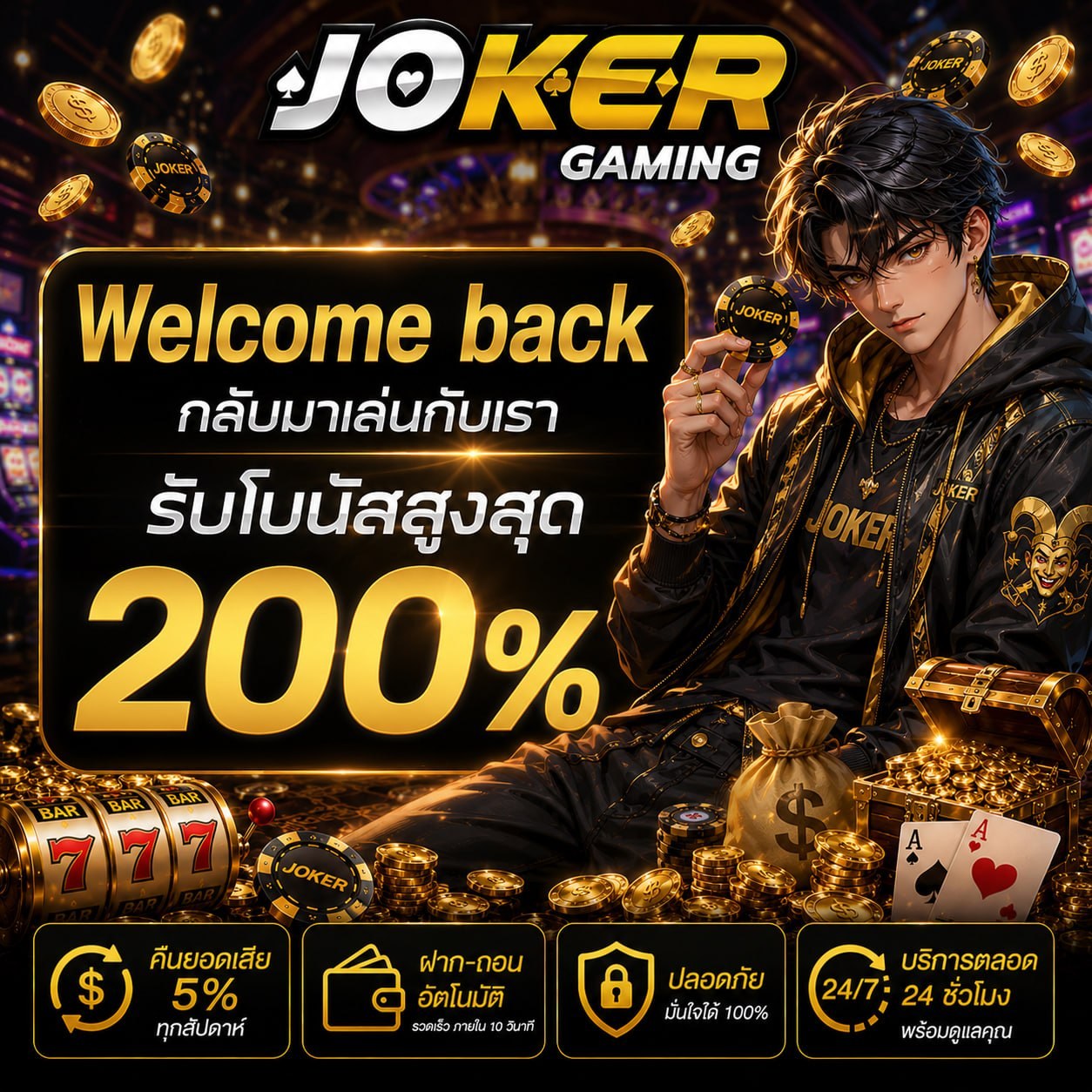 ภาพโปรโมชัน Welcome Back Joker Gaming กลับมาเล่นรับโบนัสสูงสุด 200 เปอร์เซ็นต์